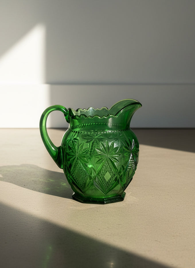 Vintage Shoshone Emerald Green Pressed Glass Creamer with Starburst Pattern