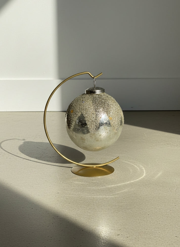 Vintage Silver Mercury-Glass Christmas Ornament with Glittered Crown Design & Display Stand