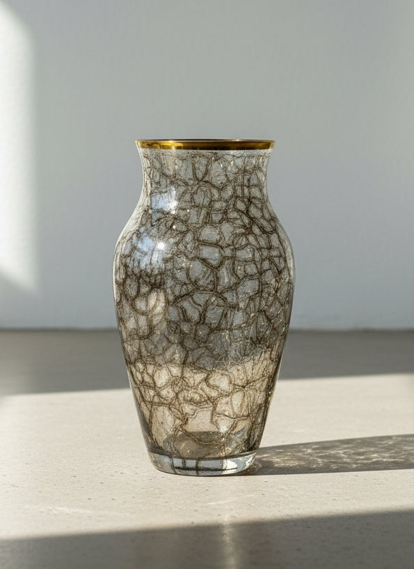Vintage Smoke Crackle Art Glass Vase with Gold Rim – Murano Style