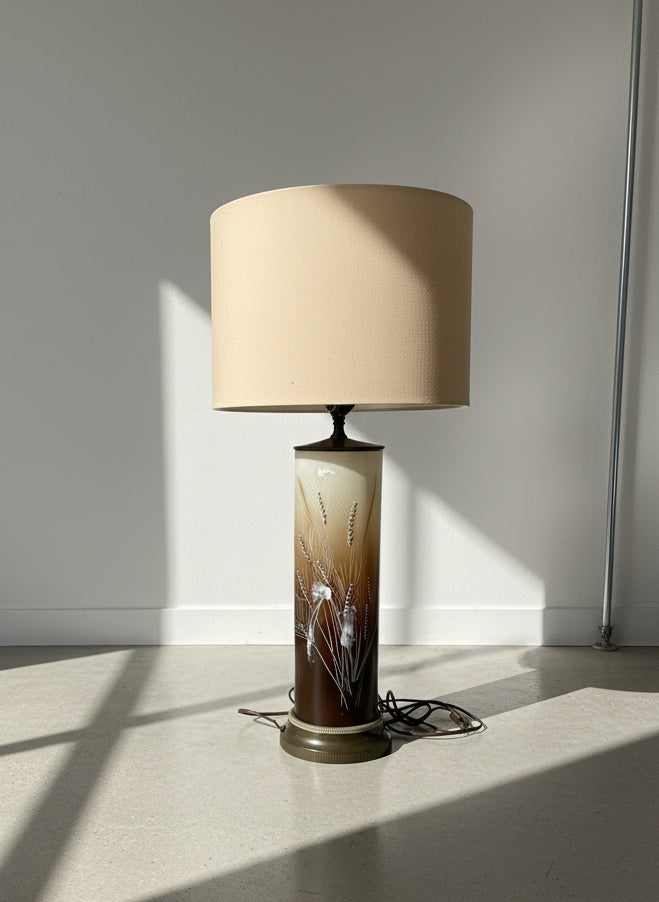 Vintage Smoked Glass Etched Wheat Table Lamp with Cream Fabric Shade - Elegant mid-century inspired design. hommes + gardens estudio.