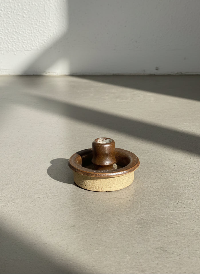 Vintage Stoneware Candlestick Holder with Rustic Brown Glaze
