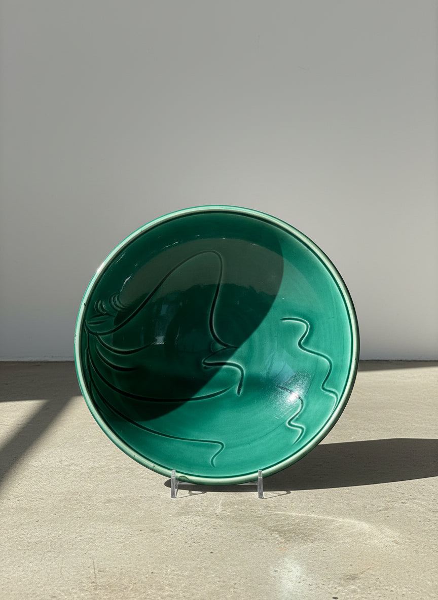 Vintage Studio Pottery Deep Emerald Green Glazed Bowl with Carved Abstract Line Motif