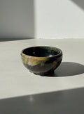 vintage studio pottery footed bowl dark green drip glaze