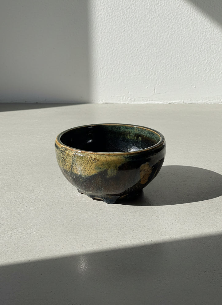 Vintage Studio Pottery Footed Bowl with Dark Green & Earth-Tone Drip Glaze
