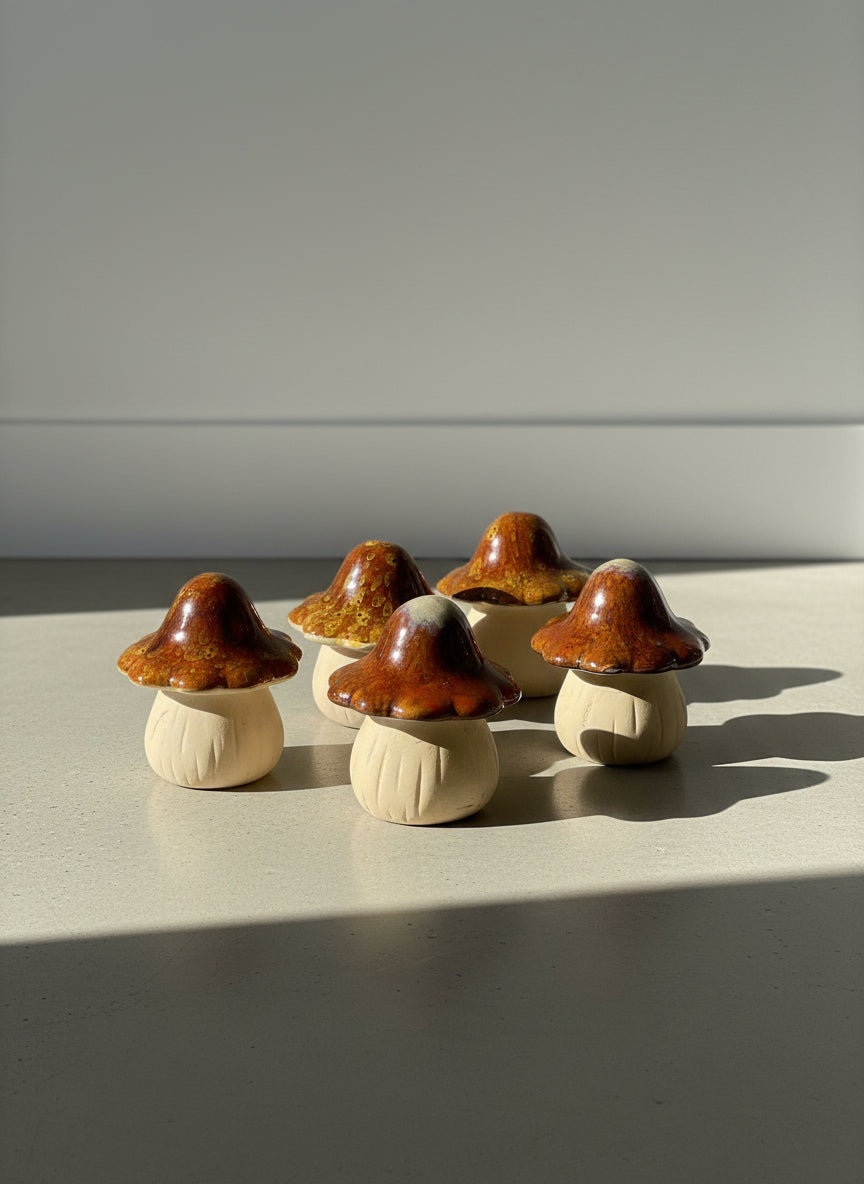 Vintage Style Ceramic Mushroom Sculpture Set – Brown Drip Glaze Cottagecore Decor