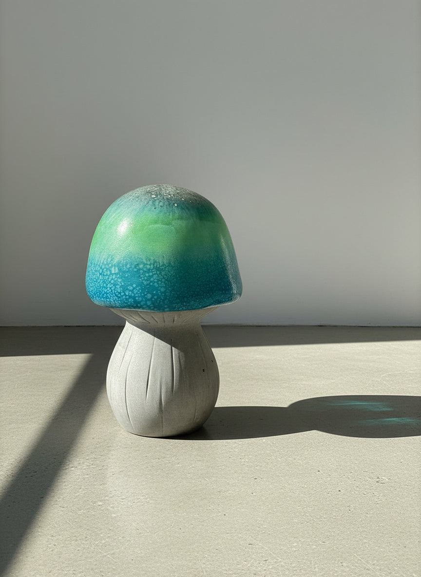 Vintage Turquoise & Green Glazed Ceramic Mushroom Table Sculpture