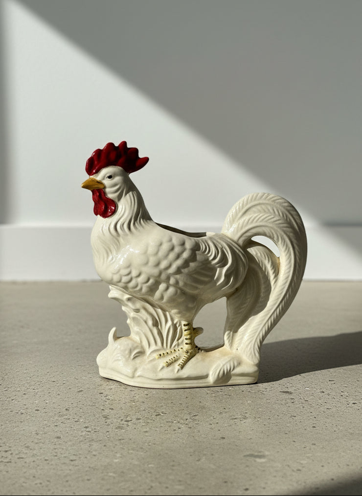 Charming Vintage White Ceramic Rooster Planter with Hand-Painted Farmhouse Accents