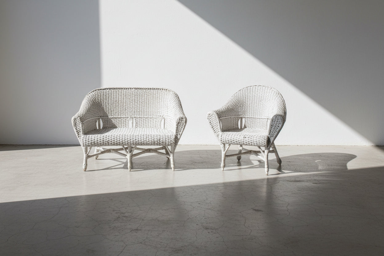 Vintage White Wicker Armchair and Loveseat Set
