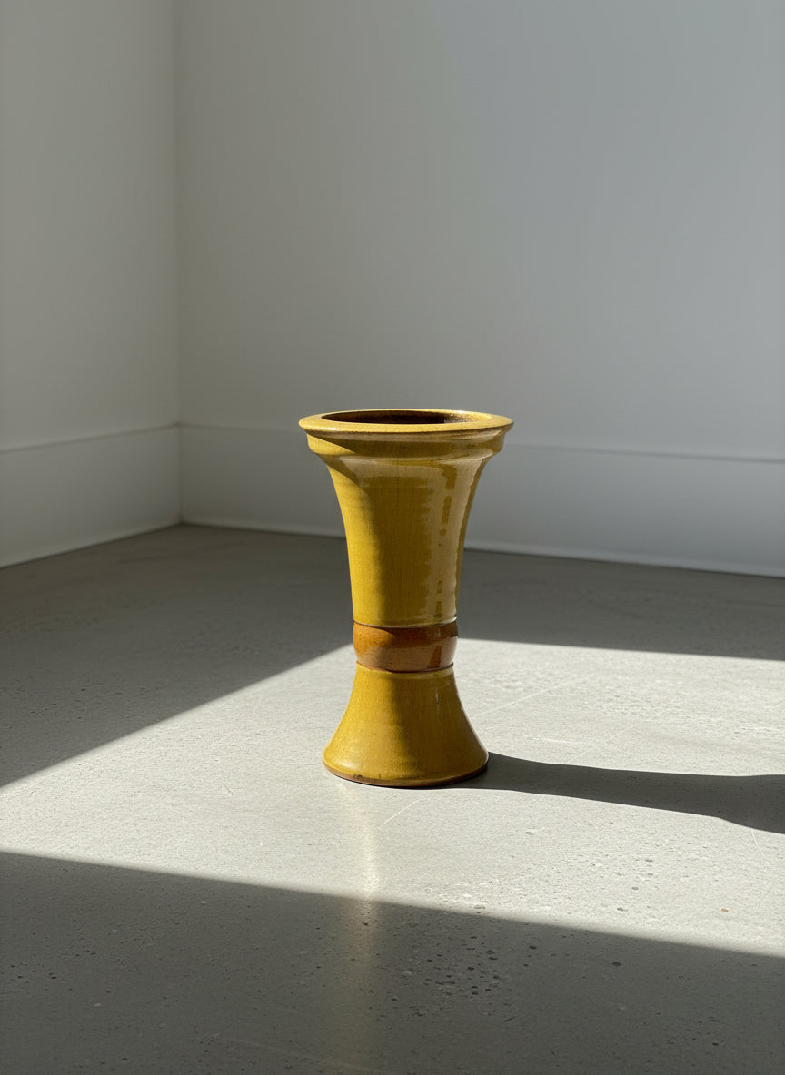 Mid-Century Yellow Glazed Earthenware Pedestal Vase – Rustic Handmade Folk Pottery Accent