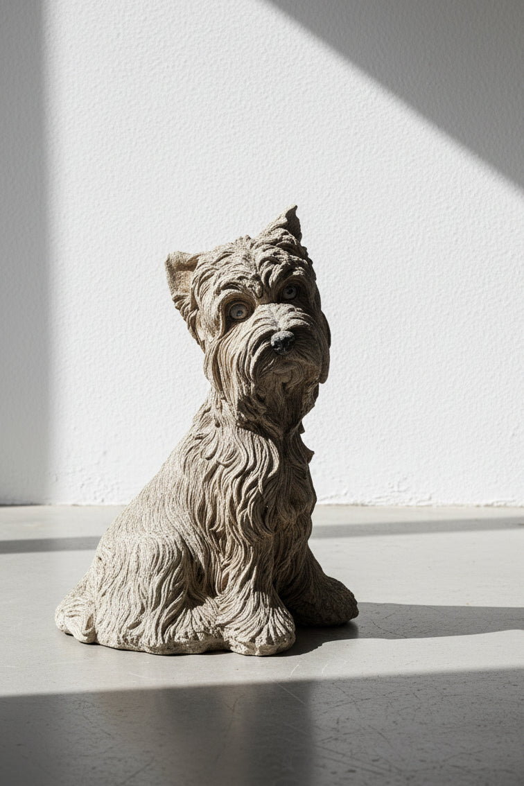 Weathered Concrete Terrier Dog Garden Statue with Hand-Finished Textured Fur
