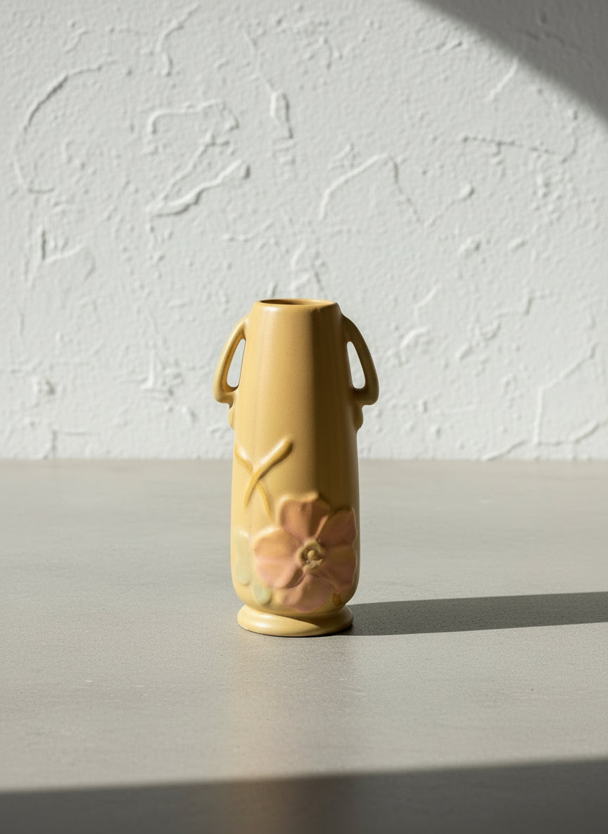 Weller Pottery Matte Glazed Art Pottery Vase with Applied Floral Relief & Dual Handles c. 1940's
