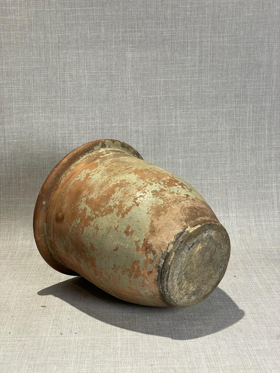 Antique Handcrafted Terracotta Storage Vessel with Distressed Aged-Paint Patina