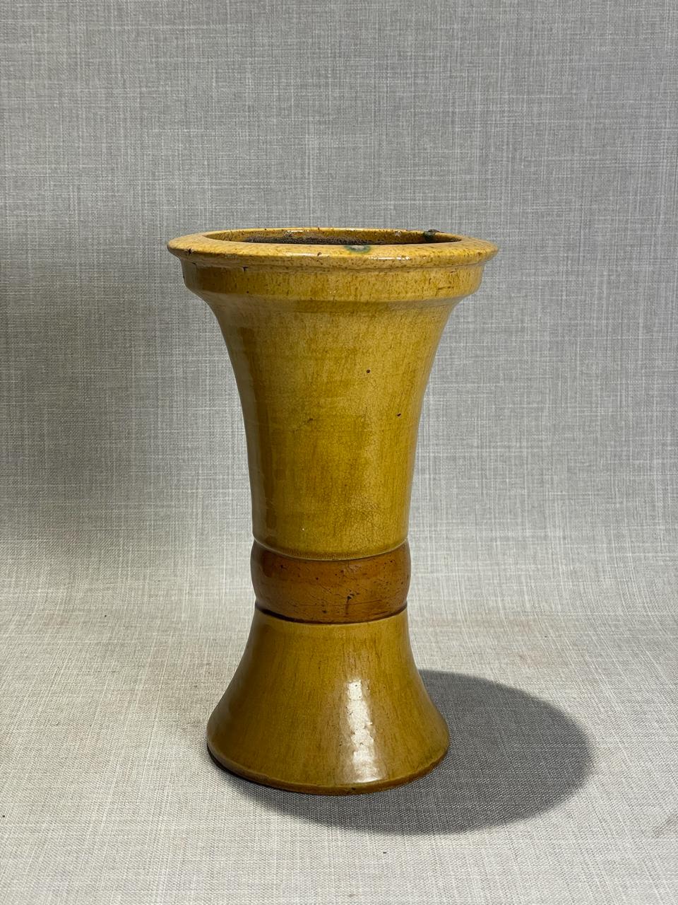 Mid-Century Yellow Glazed Earthenware Pedestal Vase – Rustic Handmade Folk Pottery Accent