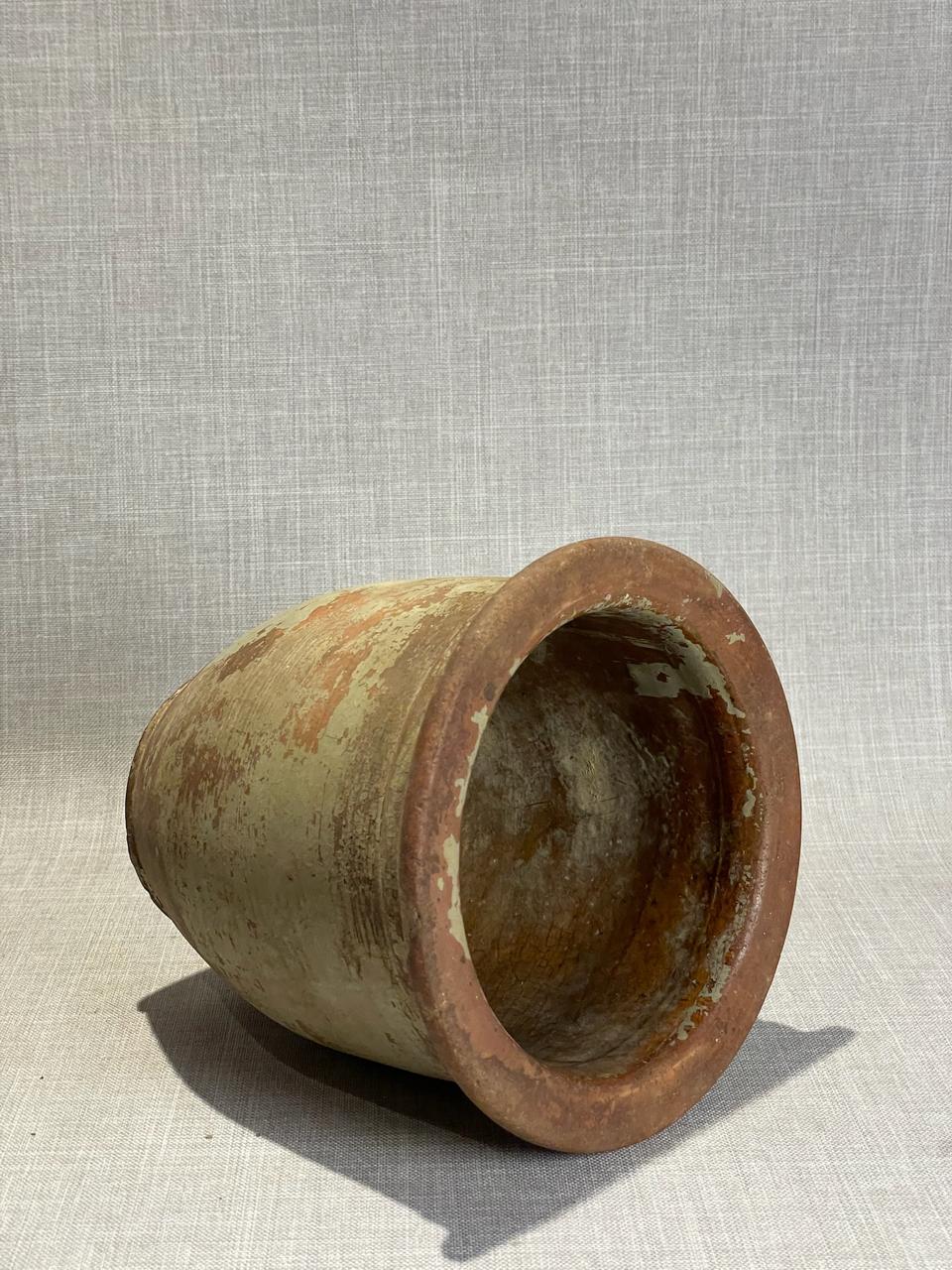 Antique Handcrafted Terracotta Storage Vessel with Distressed Aged-Paint Patina