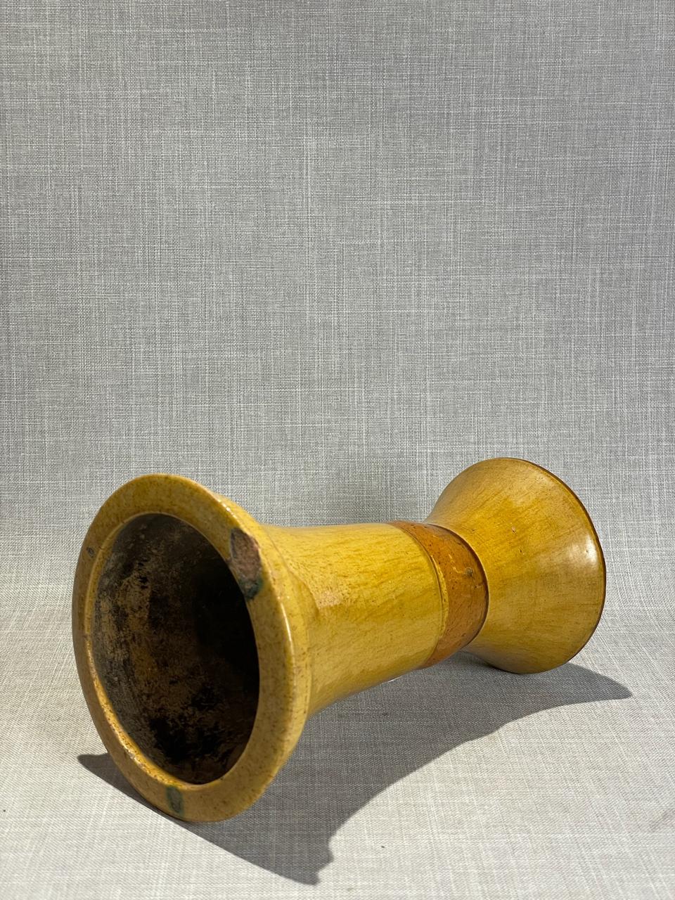 Mid-Century Yellow Glazed Earthenware Pedestal Vase – Rustic Handmade Folk Pottery Accent
