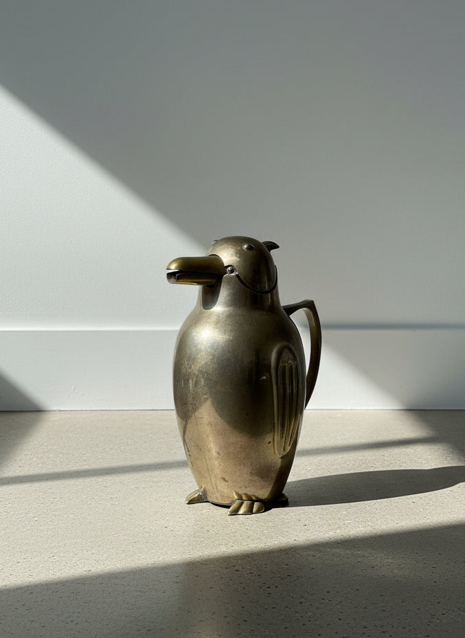 Mid-Century Brass Penguin Figural Pitcher with Hinged Head – Whimsical Barware Sculpture