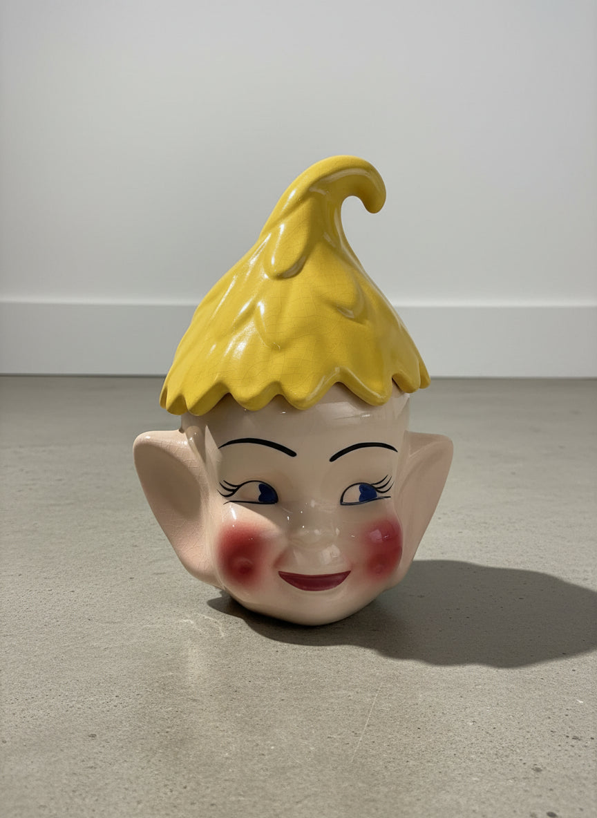 Charming Mid-Century Whimsical Pixie Elf Head Cookie Jar with Curled Yellow Cap Lid