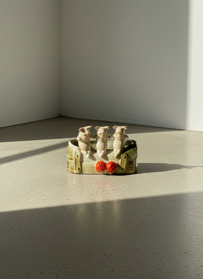 Vintage Germany Ceramic Bowl Featuring Three Playful Pigs and Strawberry Accents