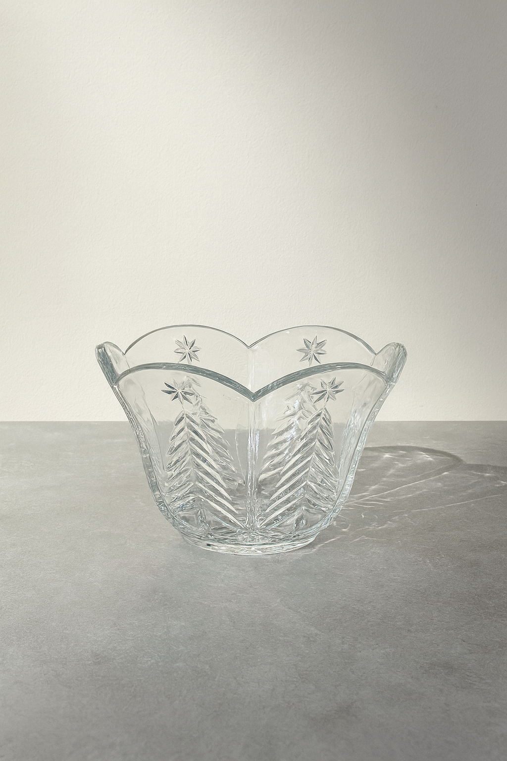 Elegant Vintage Pressed Glass Holiday Bowl with Scalloped Rim, Christmas Tree & Star Motifs