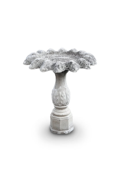 Vintage Concrete Flower Petal Birdbath on Fluted Pedestal