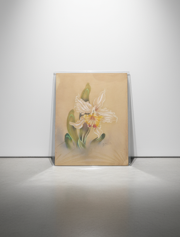 1940S TIP FREEMAN HAND PAINTED FLOWERS in a plastic sleeve with floral design, signed by the artist. hommes + gardens estudio.