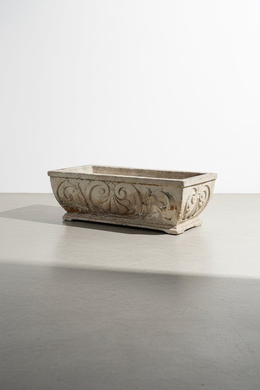 1950s vintage French rectangular Fleur-de-Lis cement planter in grey tone, a durable handcrafted vessel with timeless garden elegance — Hommes and Gardens, Pots + Vessels Collection, Garden Decor, Landscape Architect, Interior Designer, Outdoor Living, Outdoor Decorations, Home Design, Luxury Design, Art, Furniture, Objects, Best Gifts, Nature, Backyard, Yard.