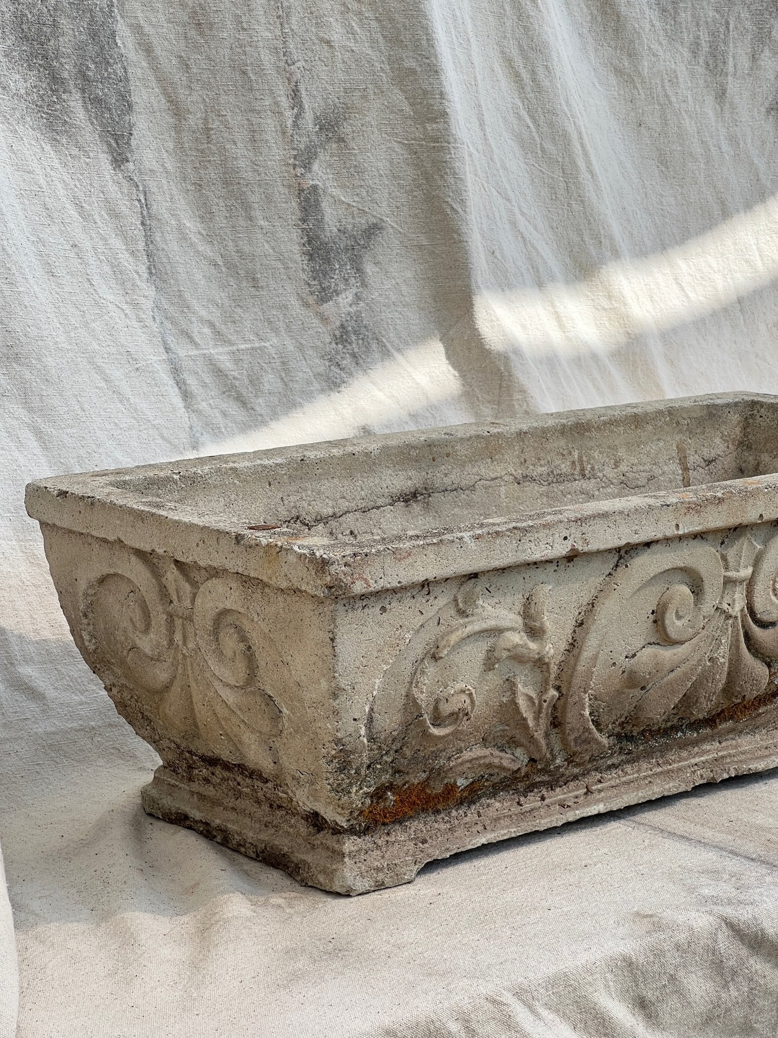 1950s vintage French rectangular Fleur-de-Lis cement planter, durable stone craftsmanship with elegant detailing, perfect for classic gardens — Hommes and Gardens, Pots + Planters Collection, Landscape Architect, Interior Designer, Outdoor Living, Art, Furniture, Objects, Best Gifts, Nature, Backyard, Yard, Outdoor Decorations, Home Decor, Home Design, Luxury Design.