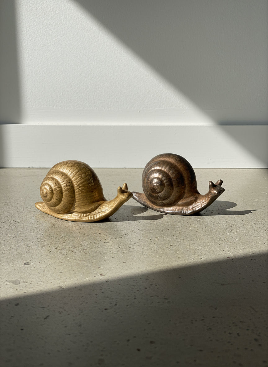 Pair of 1960s ceramic stoneware snail figurines with detailed handcrafted textures, charming vintage accents for shelves or tables — Hommes and Gardens, Home Decor Collection, Decorative Objects, Pottery Art, Retro Design, Mid-Century Decor, Vintage Collectibles.