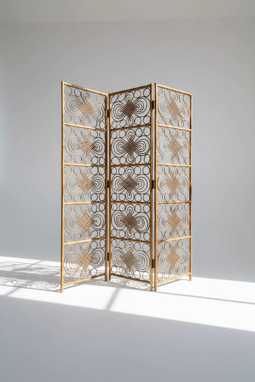 1960s French three-panel bamboo wicker rattan folding screen with intricate scrollwork and circular patterns, handcrafted bohemian room divider — Hommes and Gardens, Furniture Collection, Landscape Architect, Interior Designer, Outdoor Living, Outdoor Decorations, Home Decor, Home Design, Luxury Design, Art, Furniture, Objects, Best Gifts, Nature, Backyard, Yard.