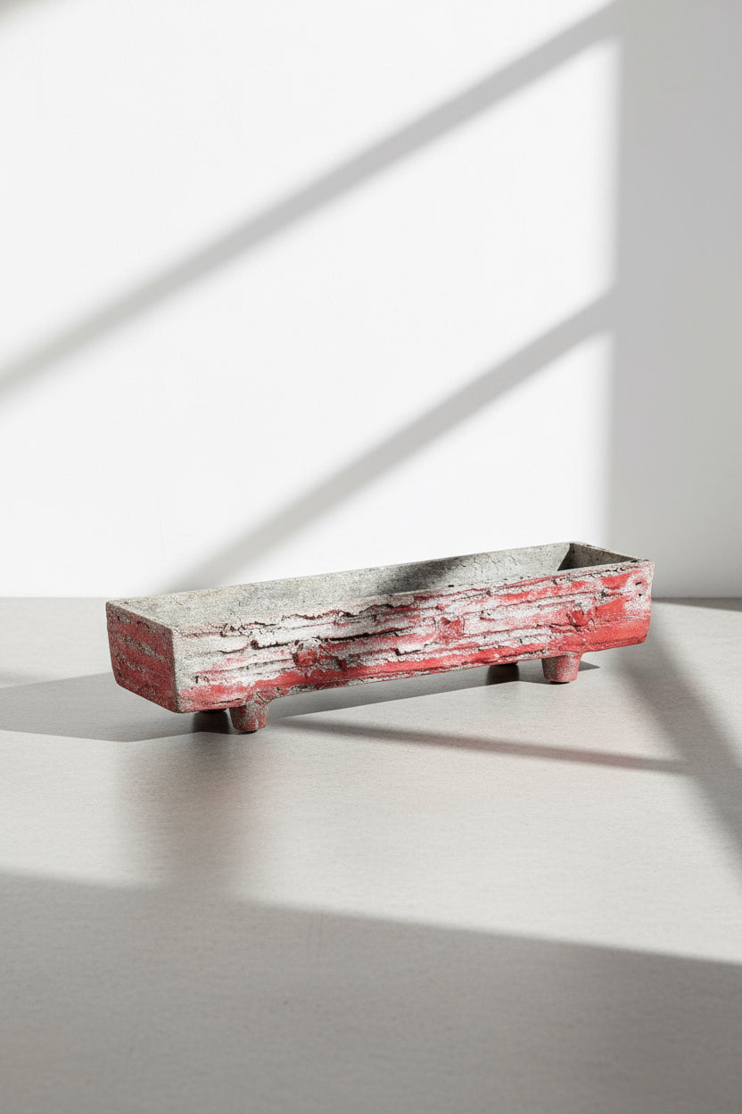 1960s French faux bois trough concrete planter with red paint patina, handcrafted to mimic wood texture, a stunning rustic outdoor vessel — Hommes and Gardens, Pots + Vessels Collection, Garden Decor, Landscape Architect, Interior Designer, Outdoor Living, Outdoor Decorations, Home Design, Luxury Design, Art, Furniture, Objects, Best Gifts, Nature, Backyard, Yard.