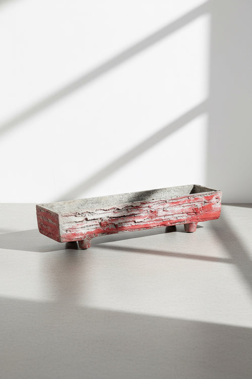 1960s French faux bois trough concrete planter with red paint patina, handcrafted to mimic wood texture, a stunning rustic outdoor vessel — Hommes and Gardens, Pots + Vessels Collection, Garden Decor, Landscape Architect, Interior Designer, Outdoor Living, Outdoor Decorations, Home Design, Luxury Design, Art, Furniture, Objects, Best Gifts, Nature, Backyard, Yard.