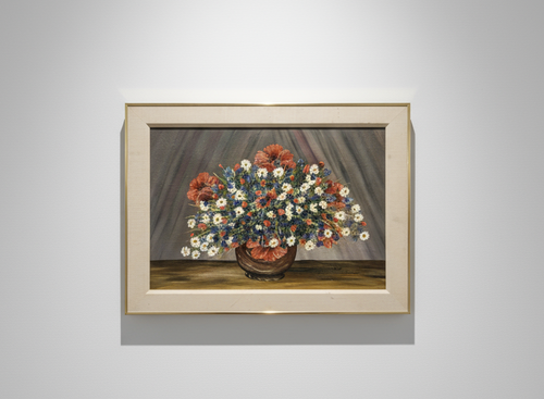 1977 CZECHOSLOVAKIAN TEXTURED PAINTING ON CANVAS with vibrant floral arrangement, framed 22" x 30". hommes + gardens estudio.