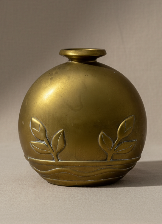 1980s Dolbi Cashier brass vase with embossed floral and wave motifs, Art Deco revival design, and aged patina, a luxurious vintage decorative collectible — Hommes and Gardens, Pots + Vessels Collection, Decorative Collection, Home Decor, Landscape Architect, Interior Designer, Outdoor Living, Outdoor Decorations, Home Design, Luxury Design, Art, Furniture, Objects, Best Gifts, Nature, Backyard, Yard.