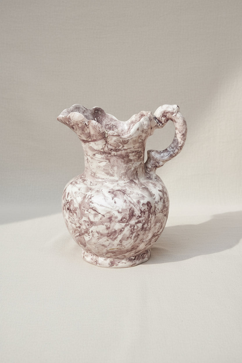 Vintage Hand Painted 1980s Ceramic Flower Vase in subtle purple and white marble design, perfect for home decor. hommes + gardens estudio.