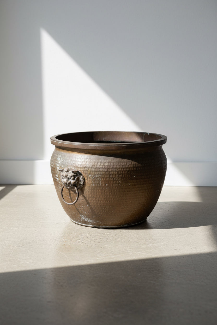 19th-century Chinese brass planter pot with Toa-tie mythological lion handles, beaded motifs, and hand-beaten detailing, a fine antique vessel for decorative use — Hommes and Gardens, Pots + Vessels Collection, Garden Decor, Landscape Architect, Interior Designer, Outdoor Living, Outdoor Decorations, Home Design, Luxury Design, Art, Furniture, Objects, Best Gifts, Nature, Backyard, Yard.