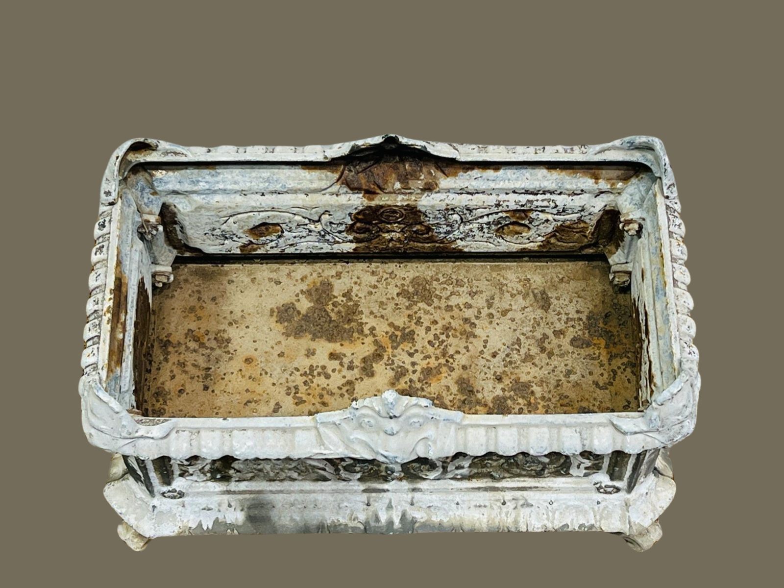 19th-century French cast iron urn planter with classical motifs and scrolling foliage relief, showcasing weathered patina and antique European charm — Hommes and Gardens, Pots + Planters Collection, Landscape Architect, Interior Designer, Outdoor Living, Art, Furniture, Objects, Best Gifts, Nature, Backyard, Yard, Outdoor Decorations, Home Decor, Home Design, Luxury Design.