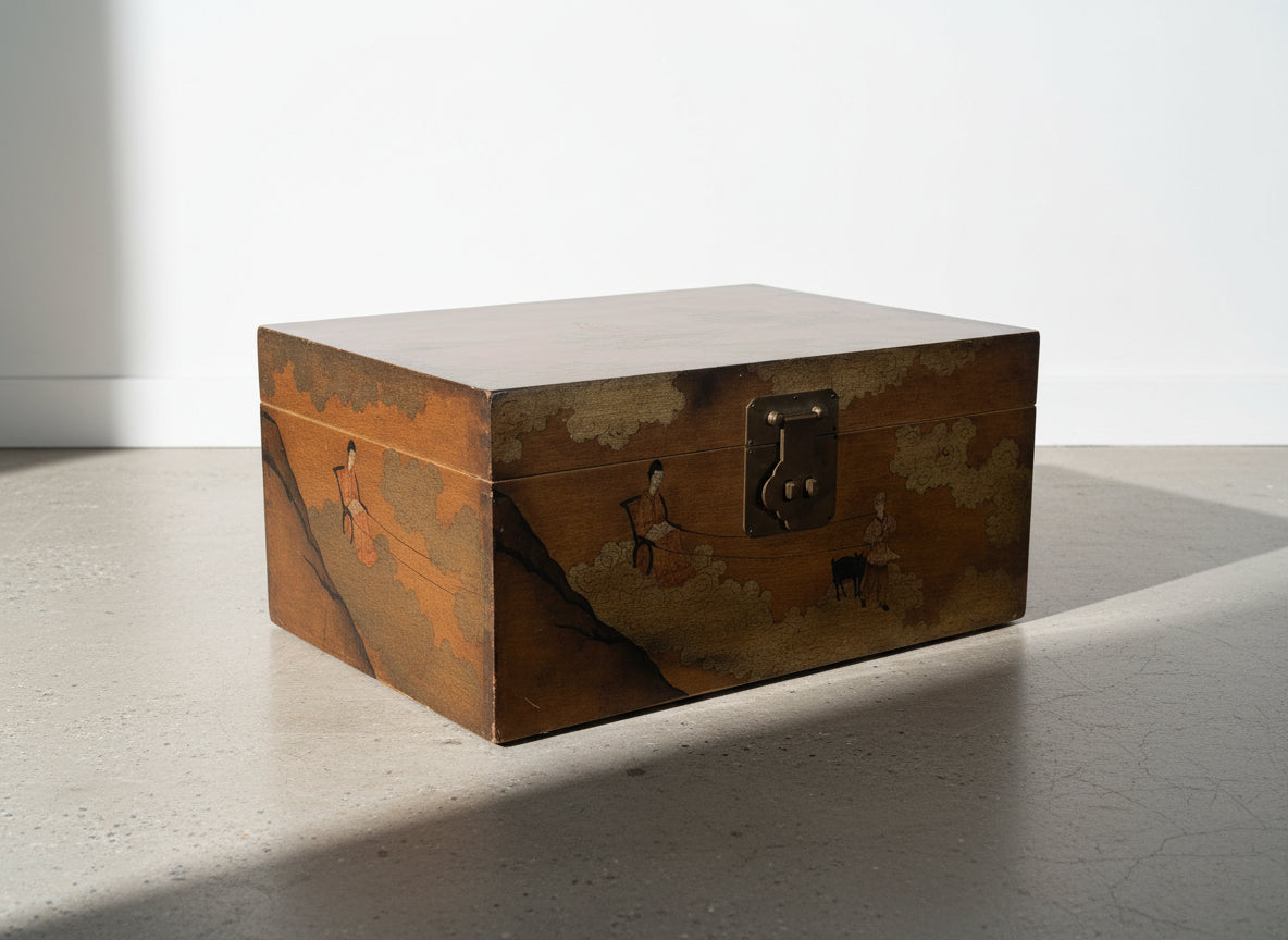 20th-century Chinese wedding chest hand-painted with traditional figures, animals, and clouds, a cultural wooden storage piece reflecting classic artistry — Hommes and Gardens, Decorative Collection, Home Decor, Landscape Architect, Interior Designer, Outdoor Living, Outdoor Decorations, Home Design, Luxury Design, Art, Furniture, Objects, Best Gifts, Nature, Backyard, Yard.