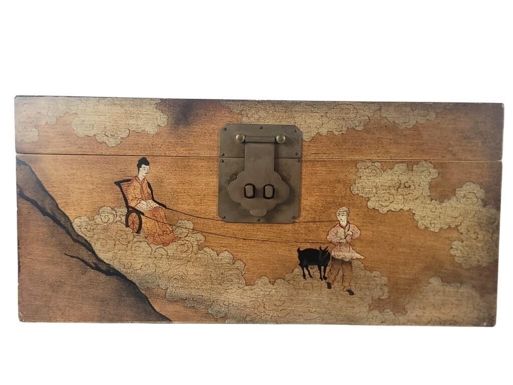 20th century Chinese wedding chest hand-painted with traditional figures, animals, and clouds, a symbolic wooden storage box celebrating Chinese culture — Hommes and Gardens, Objects Collection, Landscape Architect, Interior Designer, Outdoor Living, Art, Furniture, Objects, Best Gifts, Nature, Backyard, Yard, Outdoor Decorations, Home Decor, Home Design, Luxury Design.