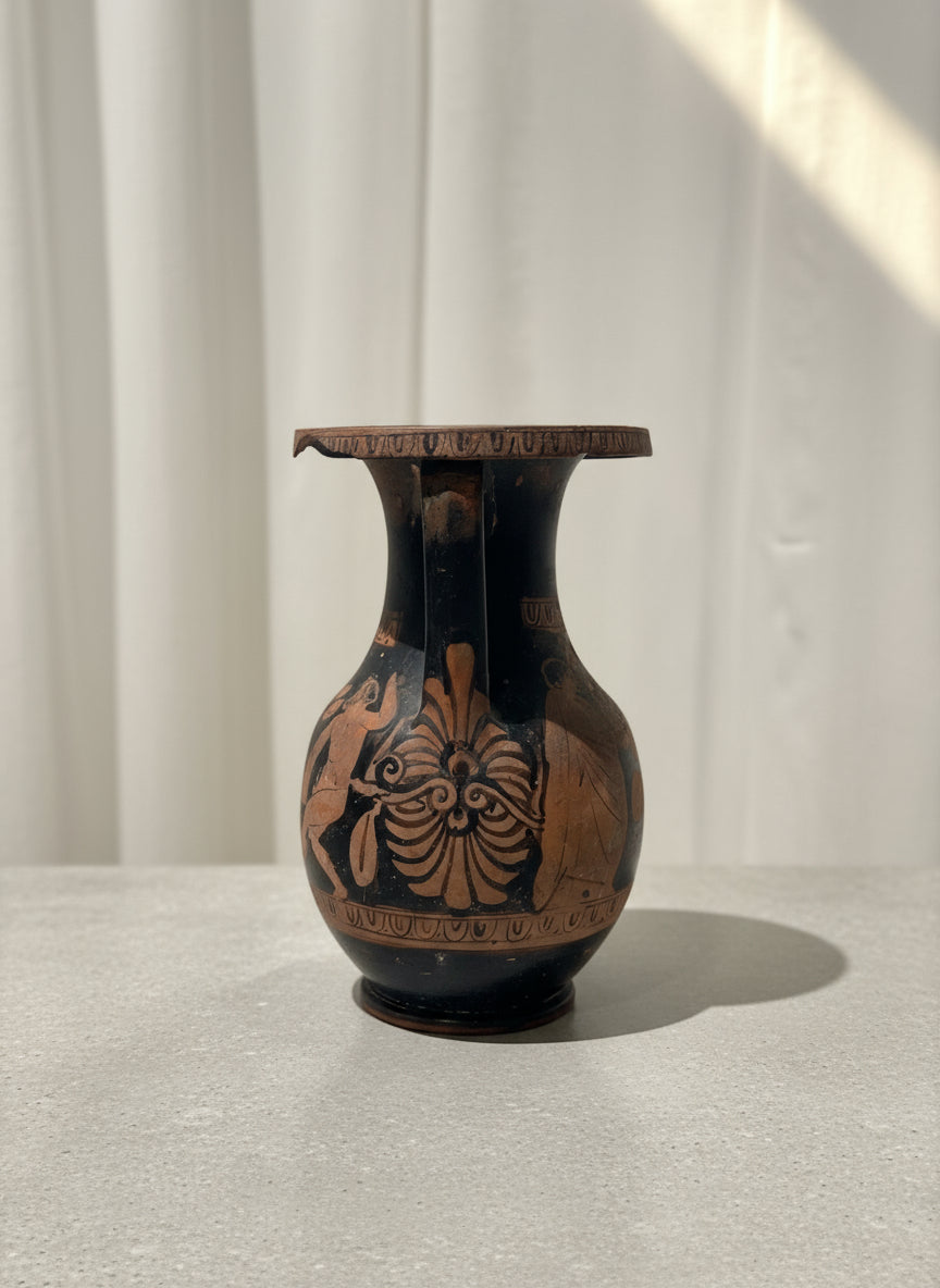 Ancient Greek Red-Figure Terracotta Pelike (Jar), 5th–4th Century BCE showcasing hand-painted motifs. hommes + gardens estudio.