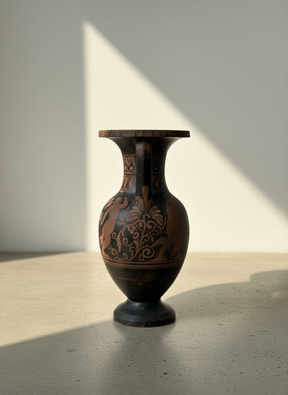 Ancient Greek red-figure terracotta pelike jar, handcrafted 5th–4th century BCE artifact with preserved black slip glaze and detailed figural scene — Hommes and Gardens, Home Decor Collection, Antiques & Collectibles, Decorative Vases & Jars, landscape design, plant design, Landscape Architect, Interior Designer, Outdoor Living, Outdoor Decorations, Home Design, Luxury Design, Art, Furniture, Objects, Best Gifts, Nature, Backyard, Yard.