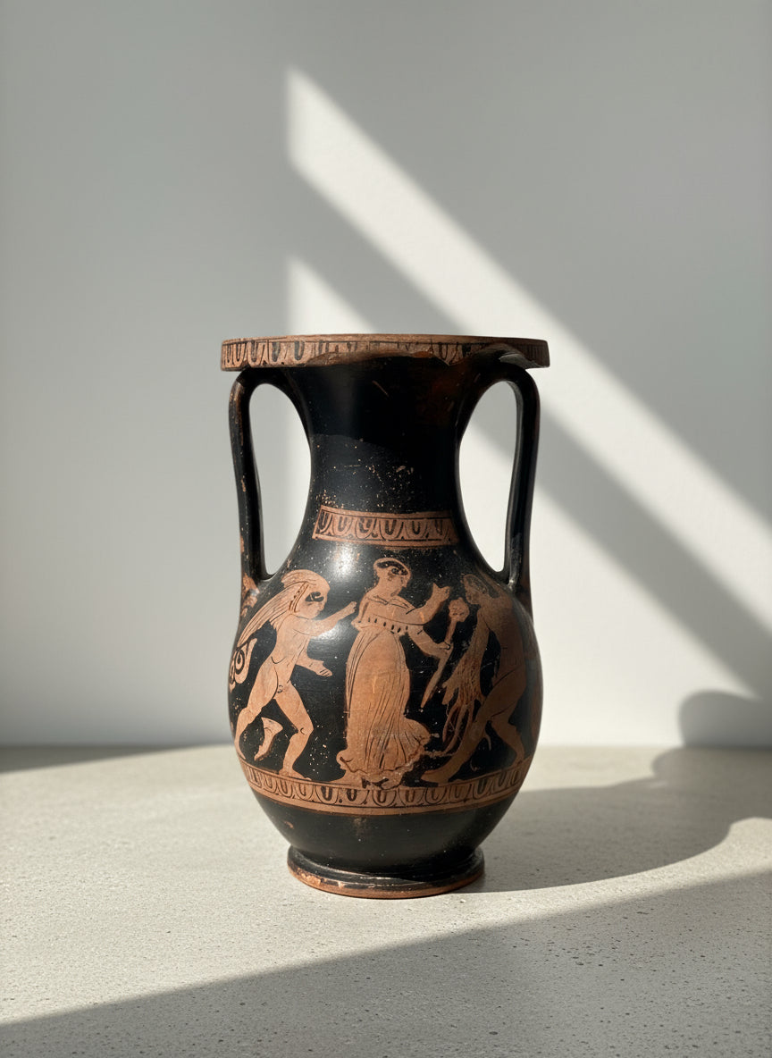 Ancient Greek Red-Figure Terracotta Pelike (Jar), 5th–4th Century BCE with hand-painted motifs. hommes + gardens estudio.