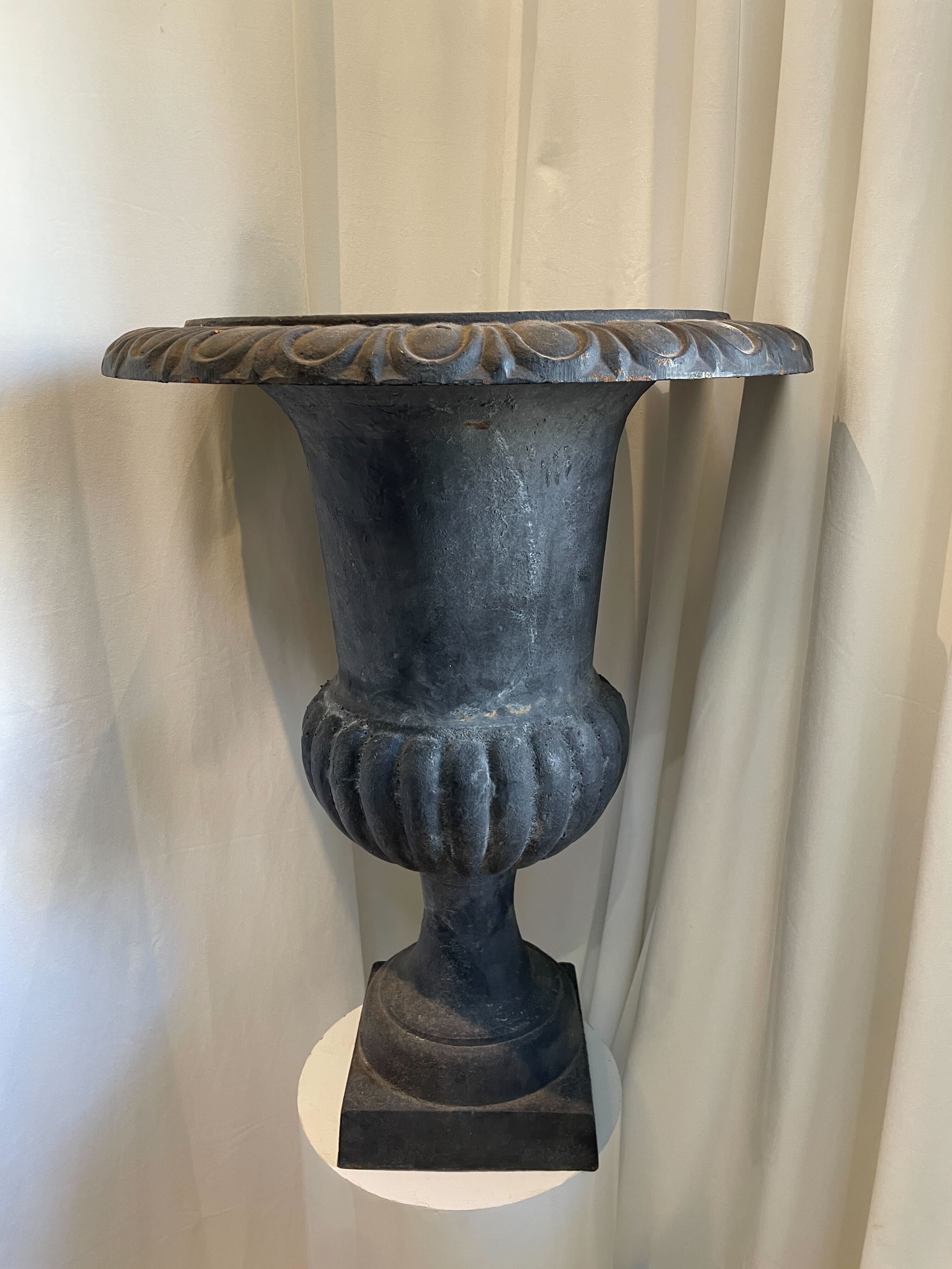 Pair of 29" French Cast Iron Urn Black Planters, elegant heavy duty design with antique patina, hommes + gardens estudio.