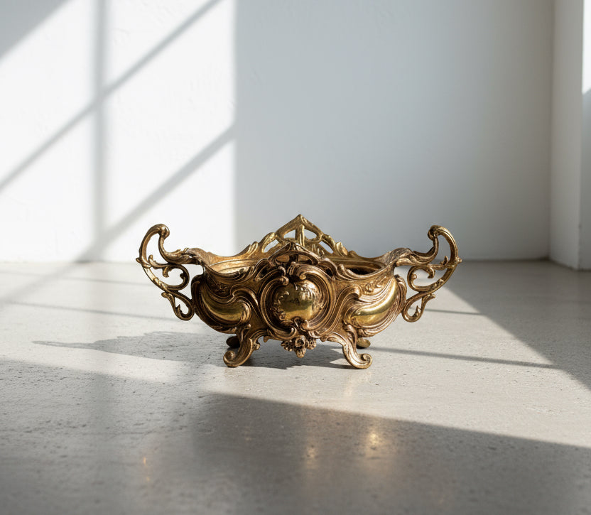 Antique brass Art Nouveau jardiniere Rococo footed bowl with ornate detailing and gold-tone finish, perfect as an elegant planter or decorative centerpiece — Hommes and Gardens, Pots + Vessels Collection, Catchall, Landscape Architect, Interior Designer, Outdoor Living, Outdoor Decorations, Home Design, Luxury Design, Art, Furniture, Objects, Best Gifts, Nature, Backyard, Yard.