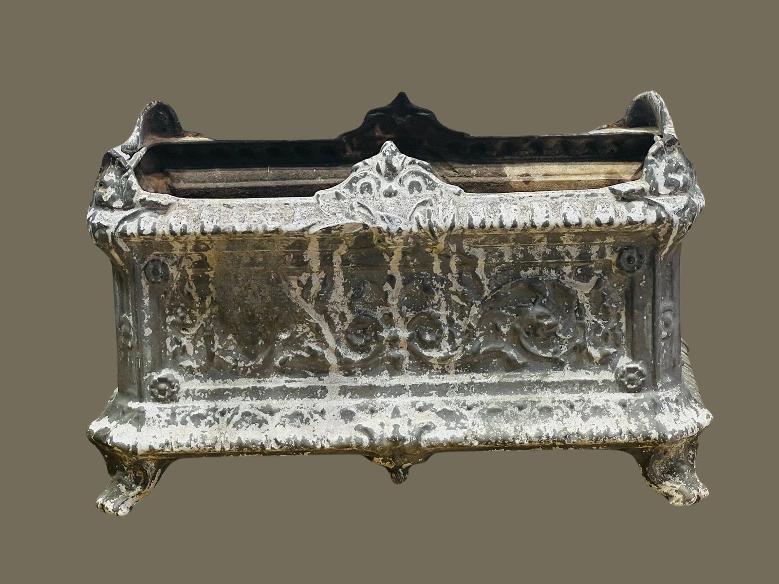 Antique cast iron garden urn planter with French relief ornamentation, weathered patina, and classic proportions for elegant garden display — Hommes and Gardens, Pots + Planters Collection, Landscape Architect, Interior Designer, Outdoor Living, Art, Furniture, Objects, Best Gifts, Nature, Backyard, Yard, Outdoor Decorations, Home Decor, Home Design, Luxury Design.