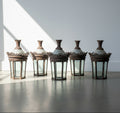 Antique cast metal street lantern fixtures, set of 11 with six-sided glass enclosures, crown finials, and filigree metalwork, restored for outdoor or estate lighting — Hommes and Gardens, Lights + Lanterns Collection, Home Decor, Landscape Architect, Interior Designer, Outdoor Living, Outdoor Decorations, Home Design, Luxury Design, Art, Furniture, Objects, Best Gifts, Nature, Backyard, Yard.