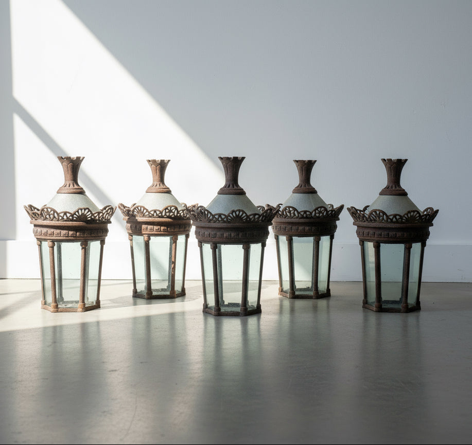Antique cast metal street lantern fixtures, set of 11 with six-sided glass enclosures, crown finials, and filigree metalwork, restored for outdoor or estate lighting — Hommes and Gardens, Lights + Lanterns Collection, Home Decor, Landscape Architect, Interior Designer, Outdoor Living, Outdoor Decorations, Home Design, Luxury Design, Art, Furniture, Objects, Best Gifts, Nature, Backyard, Yard.