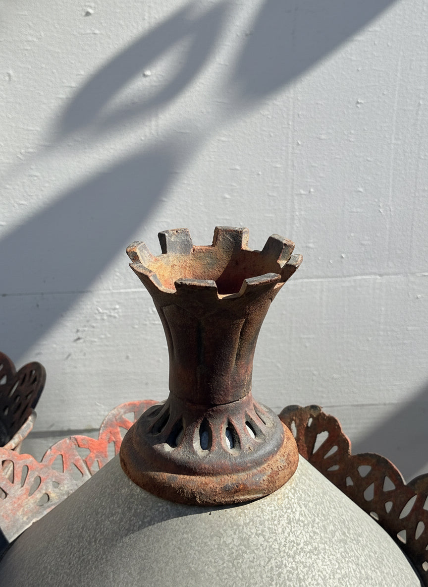 Antique cast metal street lantern fixtures with six-sided glass panels and ornate crown finials, vintage European outdoor lighting set — Hommes and Gardens, Lights + Lanterns Collection, Landscape Architect, Interior Designer, Outdoor Living, Art, Furniture, Objects, Best Gifts, Nature, Backyard, Yard, Outdoor Decorations, Home Decor, Home Design, Luxury Design.