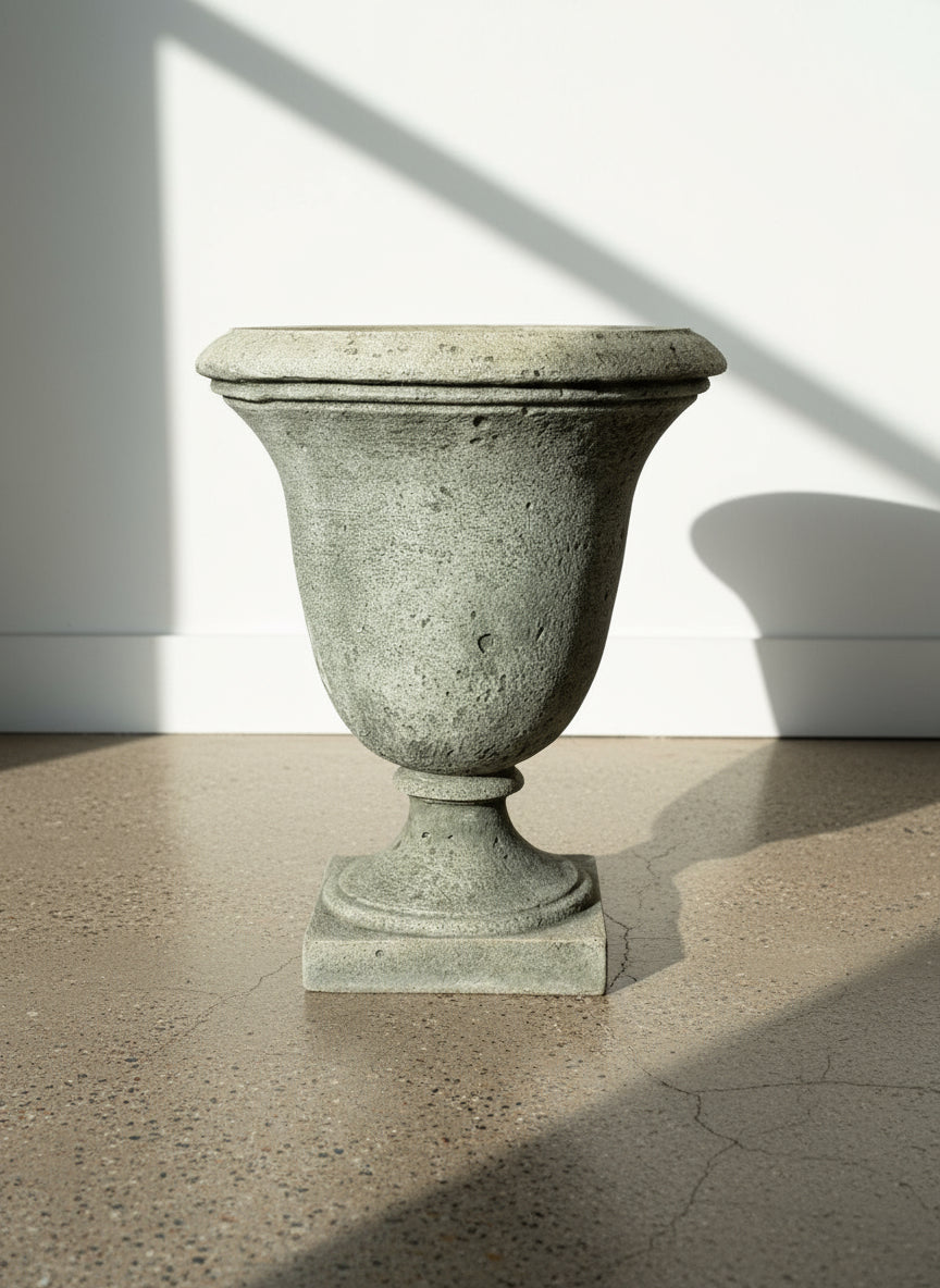 Antique cast stone urn planter inspired by Victorian English jardinieres with flared rim, square base, and aged weathered patina, a timeless garden centerpiece — Hommes and Gardens, Pots + Vessels Collection, Home Decor, Landscape Architect, Interior Designer, Outdoor Living, Outdoor Decorations, Home Design, Luxury Design, Art, Furniture, Objects, Best Gifts, Nature, Backyard, Yard.