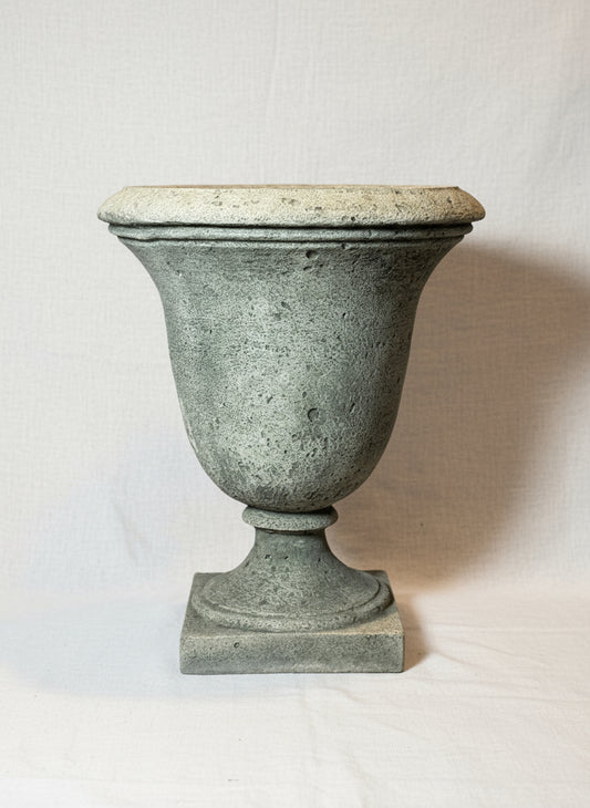 Antique cast stone urn planter inspired by Victorian English jardinieres with flared rim, square base, and aged weathered patina, a timeless garden centerpiece — Hommes and Gardens, Pots + Vessels Collection, Home Decor, Landscape Architect, Interior Designer, Outdoor Living, Outdoor Decorations, Home Design, Luxury Design, Art, Furniture, Objects, Best Gifts, Nature, Backyard, Yard.