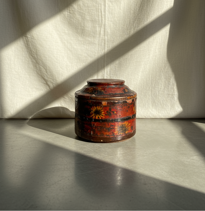 Antique 19th-century Chinese round hand-painted wooden box with floral motifs and lid, a collectible decorative piece showcasing traditional craftsmanship — Hommes and Gardens, Decorative Collection, Home Decor, Landscape Architect, Interior Designer, Outdoor Living, Outdoor Decorations, Home Design, Luxury Design, Art, Furniture, Objects, Best Gifts, Nature, Backyard, Yard.
